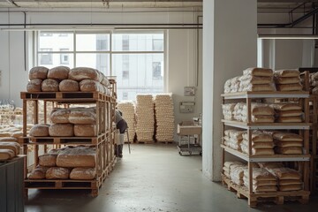 Bakery interior with stacks of bread loaves on wooden pallets.
