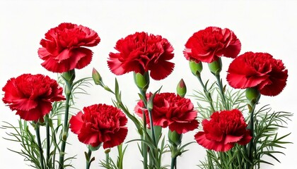 Fototapeta premium Panoramic view with carnation schabaud. Set red flowers, green stems,