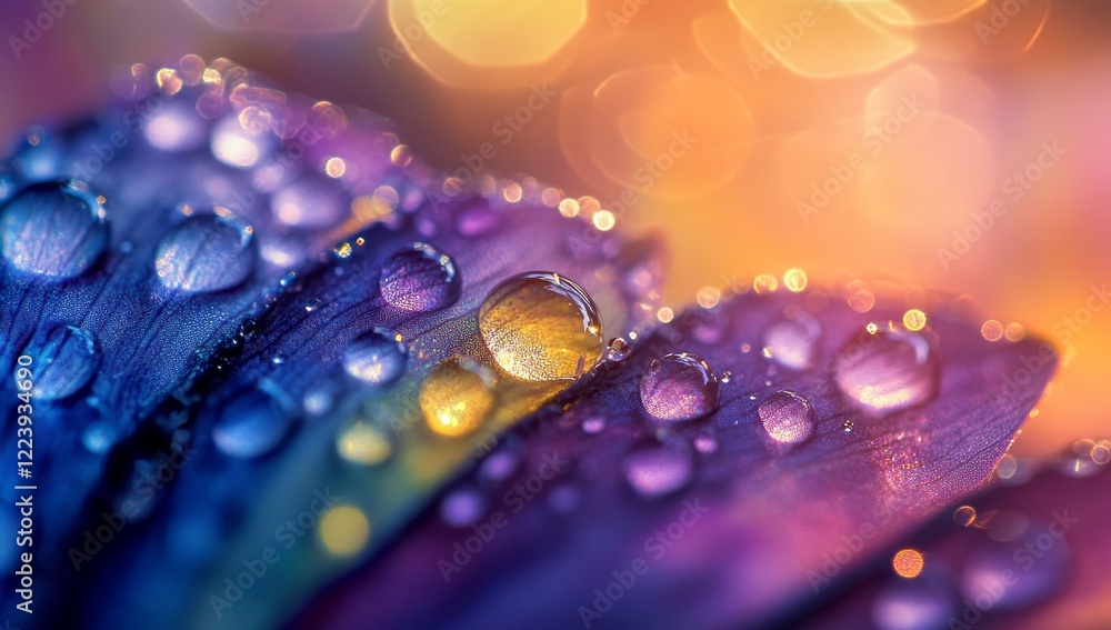 Poster close-up of dew drops on vibrant flower petals with bokeh background.