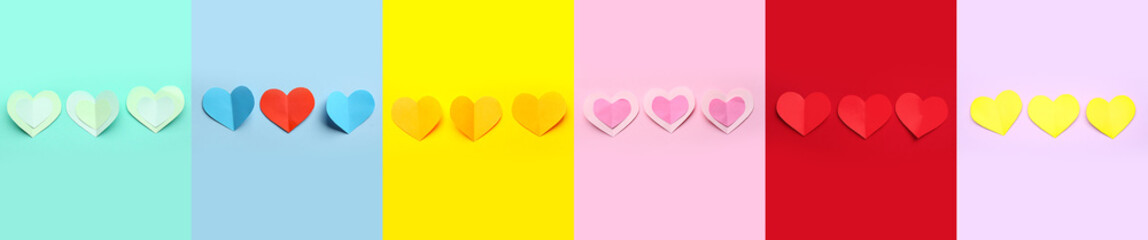 Set of different paper hearts on color background. Valentine's Day celebration