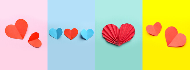 Set of different paper hearts on color background. Valentine's Day celebration