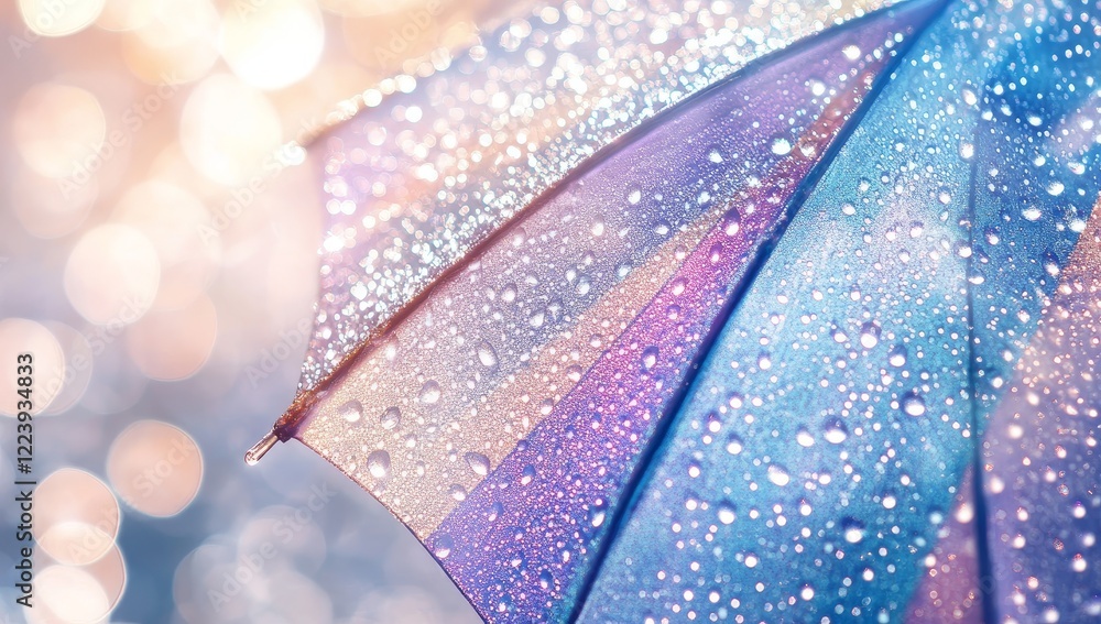 Poster close-up of a colorful umbrella covered in raindrops against a bokeh background.