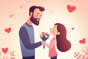 Heartwarming Moment Between Father and Daughter Sharing Flowers and Love in a Cute Illustration