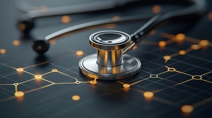 A close-up of a stethoscope resting on a dark background adorned with digital patterns, symbolizing the intersection of healthcare and technology.