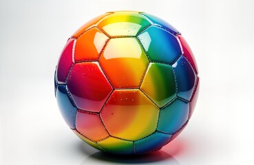 Fototapeta premium Colorful soccer ball isolated on white background. Rainbow gradient design on ball. High quality image perfect for sports graphics design projects. Ball shown in studio setting for pro look. Suitable