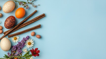 Colorful easter eggs and flowers on blue background still life