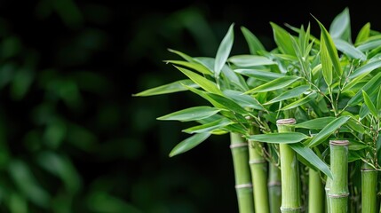 Obraz premium Fresh green bamboo stalks with lush leaves grow in a natural forest setting during daytime.