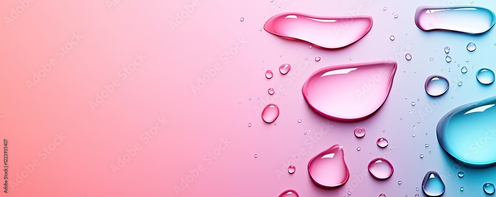 Poster a soft gradient background with water droplets in shades of pink and blue, creating a fresh and vibr