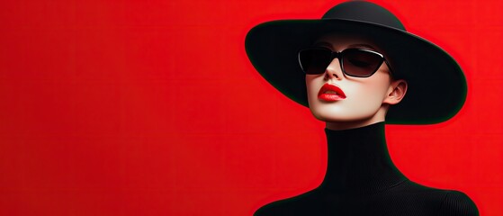 A stylish model with bold red lips and sunglasses poses against a vibrant red background, exuding elegance and sophistication.