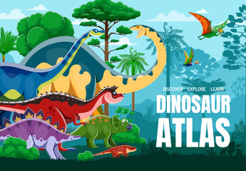 Cartoon prehistoric dinosaur characters atlas book cover vector template. Funny dino animals, jurassic reptiles and extinct birds in jungle forest. Cute carnotaurus, shansisuchus, tapejara dinosaurs © Vector Tradition