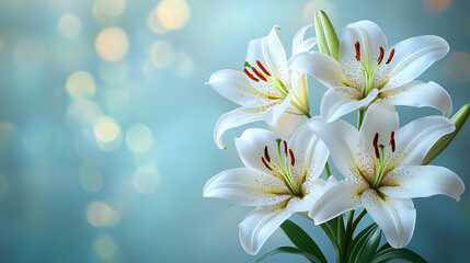 Fototapeta premium A bouquet of white lilies against a light background with space for text, minimalistic, bright tone, modern blurred backdrop, and empty caption space on the side