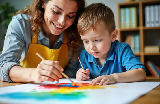 Young woman teacher helps schoolboy with down syndrome paint. In classroom. Child concentrates on art activity. Happy, caring environment created for learning, development. Adult provides support to