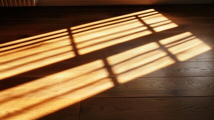 Morning sun filtering through blinds, creating striped shadows across a wooden floor