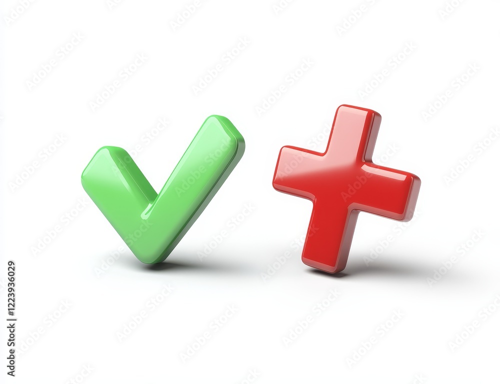 Poster 3d rendering of green checkmark and red plus sign.