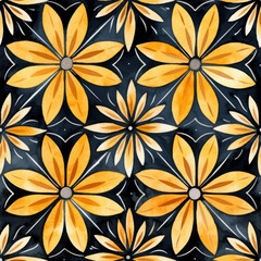 Cute tile pattern with yellow flowers on a dark background watercolor seamless pattern. Watercolor print in rustic vintage style, textile or wallpapers.