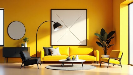 Modern Yellow Living Room Interior Design With Black Accents