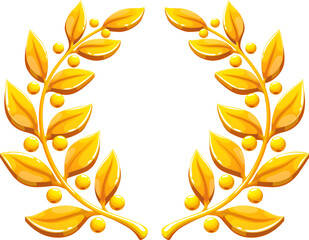 Golden laurel wreath adorned with leaves and berries. Isolated vector badge, game asset or awards icon, symbol of victory, achievement, honor or prestige. Gold prize, trophy or reward in gaming app © Vector Tradition