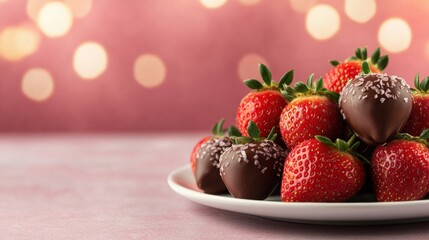 Fresh Strawberries Dipped in Chocolate with Sprinkles on a Plate Against a Pink Bokeh Background