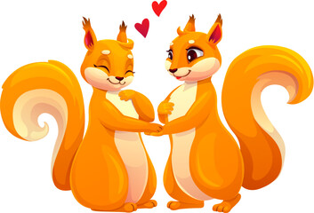 Squirrels couple with love hearts, funny cartoon characters of wild animals, vector personages. Two squirrels in love or friends holding by paws and looking with love for wedding or Valentine day
