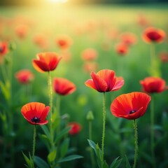 Fototapeta premium Soft pink petals of red poppies sway gently in the breeze amidst lush green grass, cosmos, field