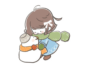 雪だるまにマフラーをかける女の子
