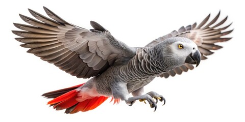 Fototapeta premium African Grey Parrot Flying, Bird Photography, PNG Image, White Background, Isolated Parrot, Avian, Wildlife, Pet Bird, Grey Parrot Flight