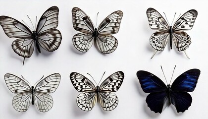 Set butterfly monoline silhouette, black and white butterfly