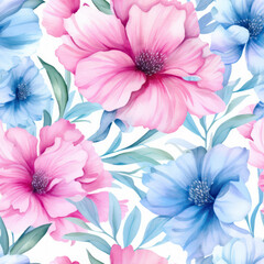 Cute pink and blue flowers on a white background, watercolor seamless pattern. Watercolor print in rustic vintage style, textile or wallpapers.