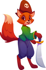 Cartoon funny fox animal pirate or corsair character in captain tricorne hat, vector personage. Caribbean pirate fox character or corsair and filibuster with saber sword in hat with Jolly Roger skull