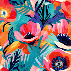 Cute featuring bold, oversized flowers in shades of pink, orange, teal, and purple watercolor seamless pattern. Watercolor print in rustic vintage style, textile or wallpapers.