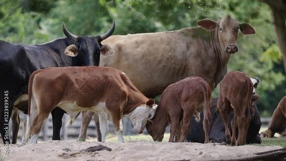 Poster group of cows and calves standing and lying on sandy ground, interacting with each other in a relaxe