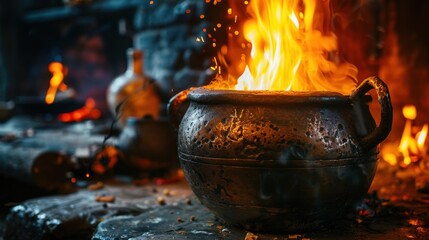 Iron Cauldron: A sturdy, large iron pot, historically used over open flames, perfect for cooking large batches of food in outdoor or traditional cooking settings.

