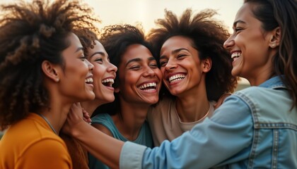 Fototapeta premium Four young women embrace in a joyful moment of friendship. They are laughing and enjoying each other company outdoors. This uplifting image showcases bonds of support and positive human relationships.