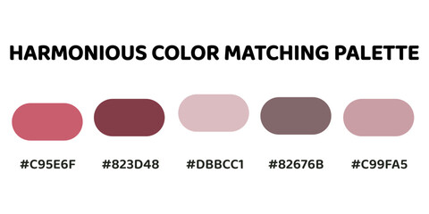 Harmonious color palette with five colors.  palette creates a cohesive and dynamic look, perfect for designs that require a sense of energy.  Rose, Mahogany, Lavender, Charcoal, Rose. 114.