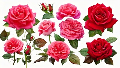  Set of roses, pink, red flowers and buds, green leaves on white