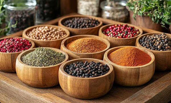 A vibrant display of various spices in wooden bowls on a rustic kitchen counter, showcasing culinary diversity
