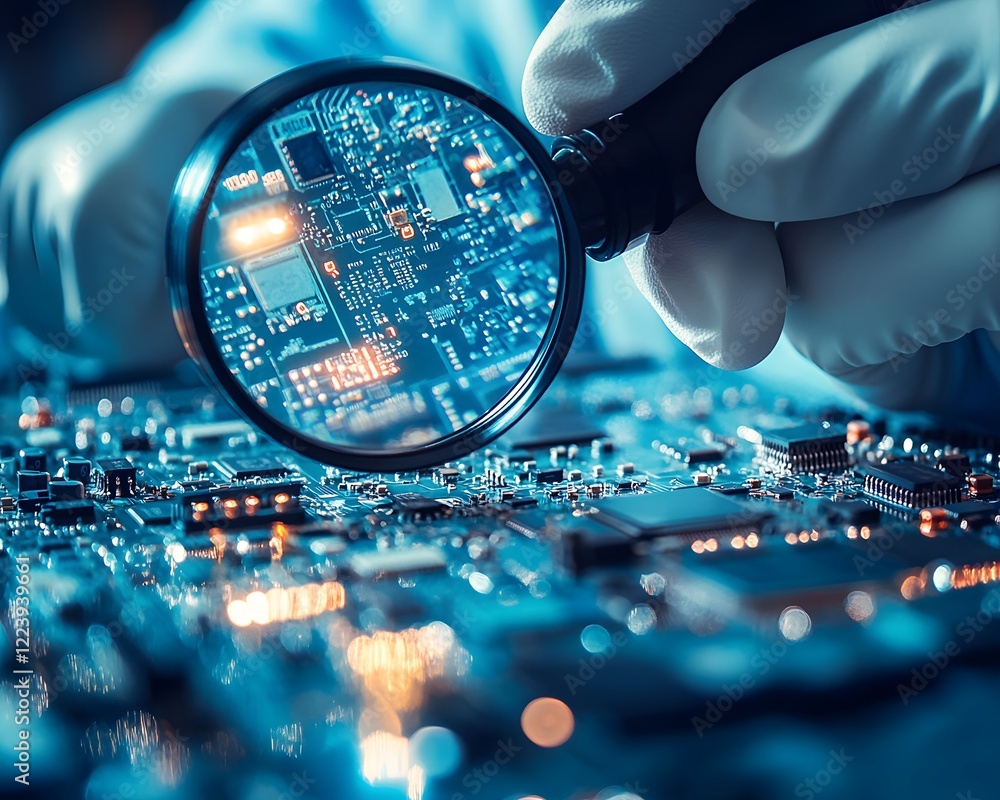 Poster a close-up view of a circuit board under magnification, showcasing intricate electronic components a