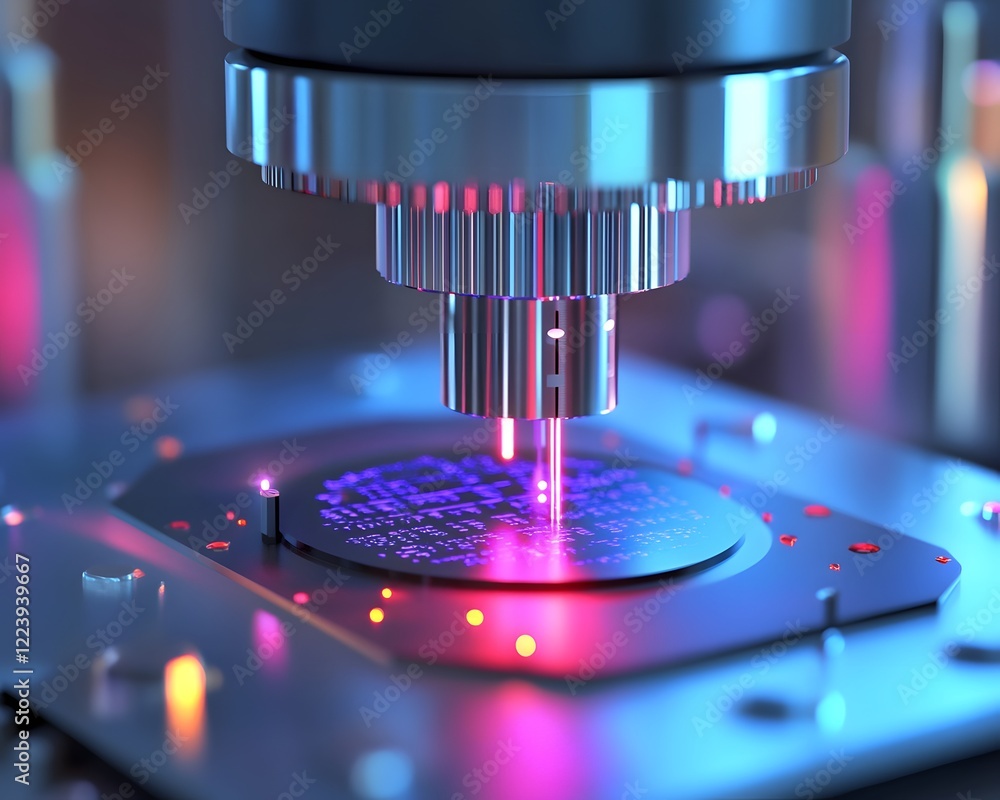 Poster a close-up view of a microscope capturing intricate details of a chip through laser imaging technolo