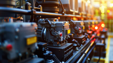 Fototapeta premium Industrial Generator: A powerful, heavy machine used for generating electricity, crucial in factories and remote areas to ensure consistent power supply for operations. 