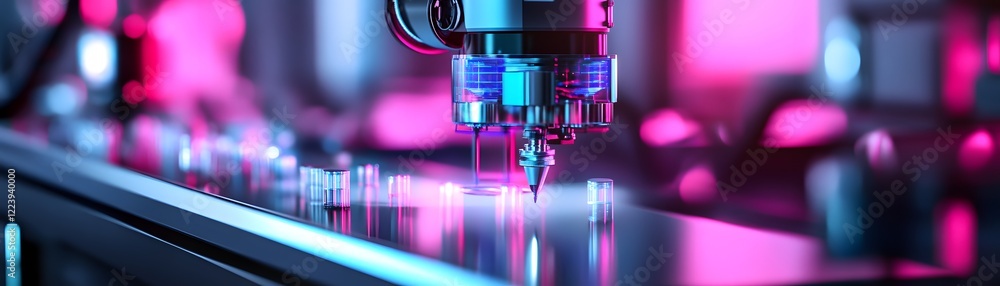 Poster a high-tech machine detail highlighting precision tools in a vibrant, futuristic workspace showcasin