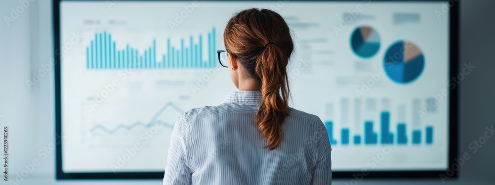 Aufkleber business professional analyzing data insights on large screen with graphs and charts, focused on sta