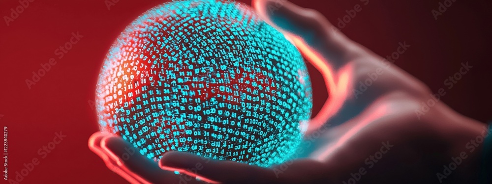 Poster futuristic digital globe held in hand, showcasing vibrant binary code against a glowing red backgrou