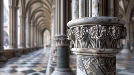 Obraz premium Stone Cathedral Columns: Tall, heavy-duty columns made of stone, designed to support the immense weight of historic cathedral buildings while contributing to their grandeur. 