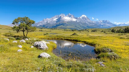 Mountain lake reflection, summer meadow, sunny day, alpine scenery, travel photography