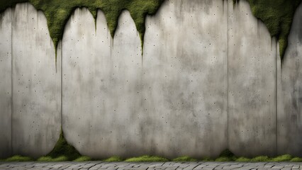 Obraz premium Grunge concrete wall background with mossy overgrowth and cracked cobblestone floor.