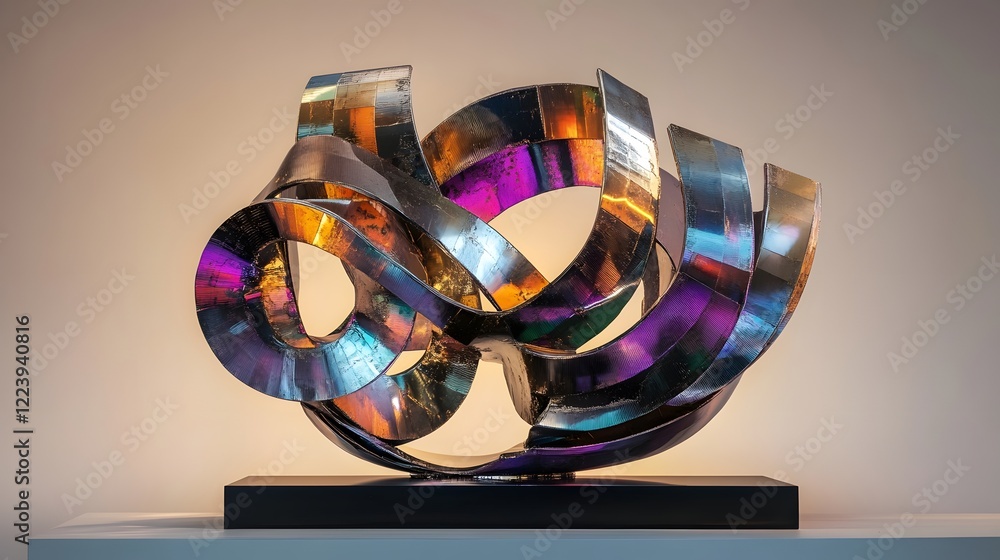 Poster a vibrant sculpture showcasing dynamic shapes and colors, creating a fascinating visual experience f