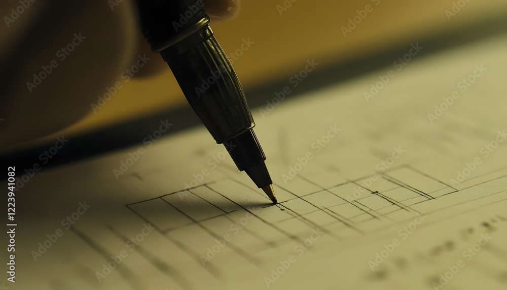 Poster close-up of a hand writing with a pen on a paper document, showcasing focus and precision in analysi