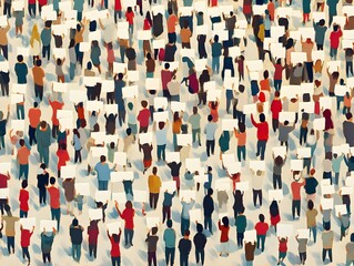 An aerial view of a diverse crowd holding signs, uniting for social change and activism in a vibrant demonstration.