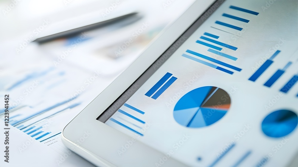 Poster modern tablet displaying financial graphs and charts, ideal for showcasing data analysis and busines
