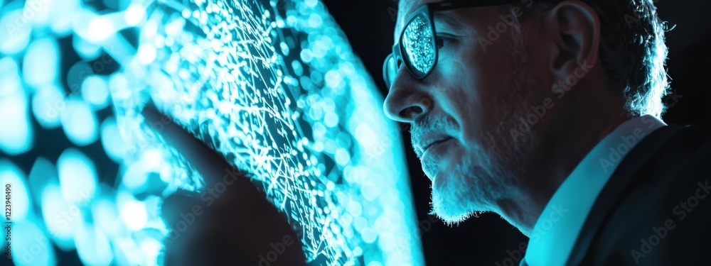Poster thoughtful businessman analyzing digital data with futuristic interface during corporate presentatio